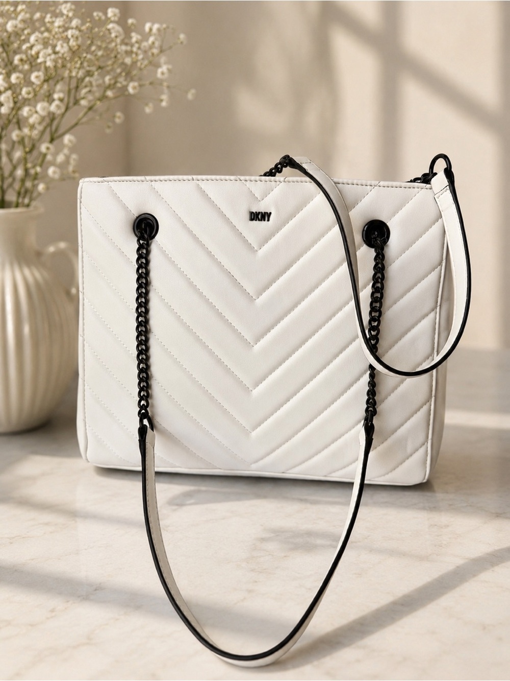DKNY White Quilted Chevron Tote with Black Chain Straps